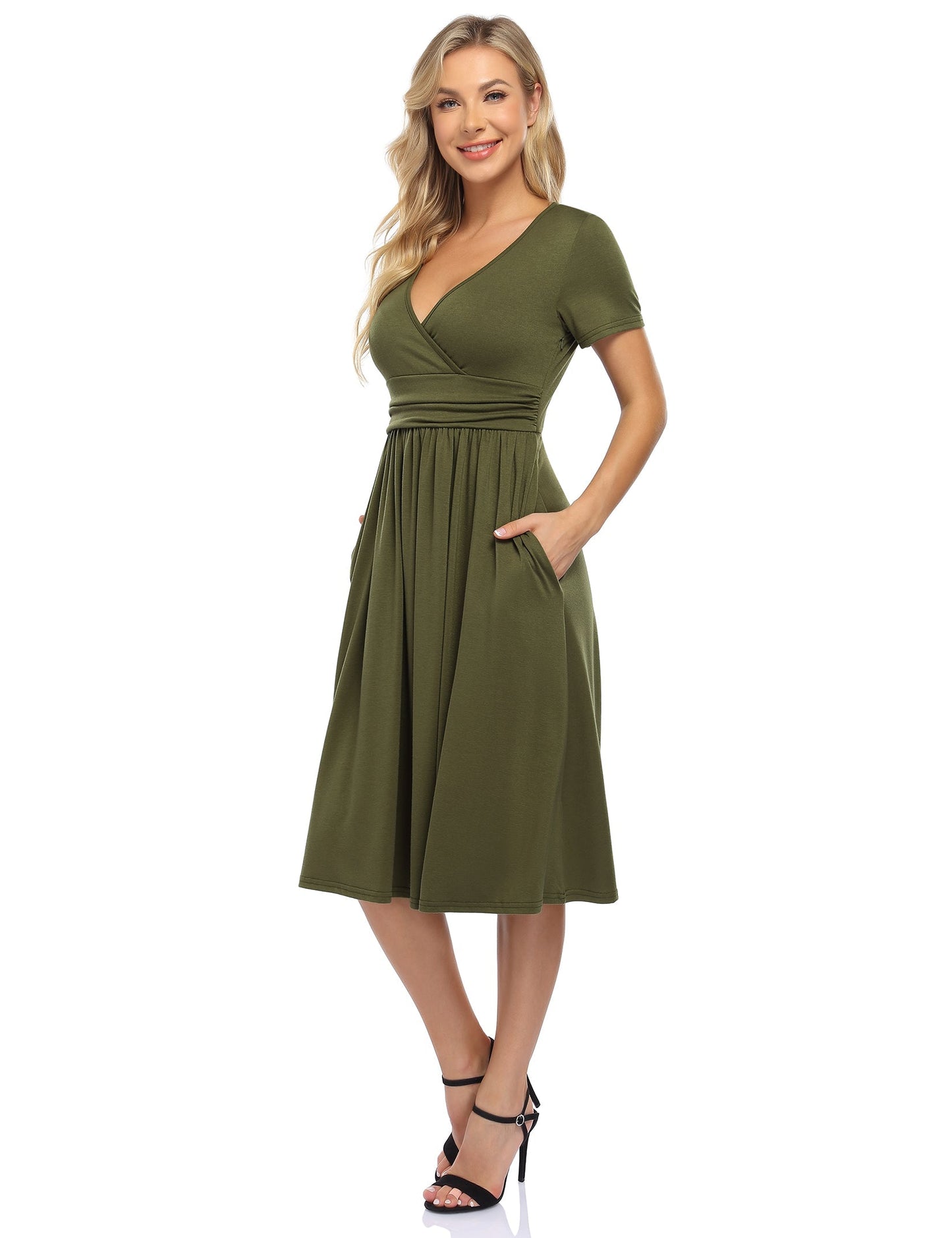 YESFASHION Women's V-neck Casual Dress Green