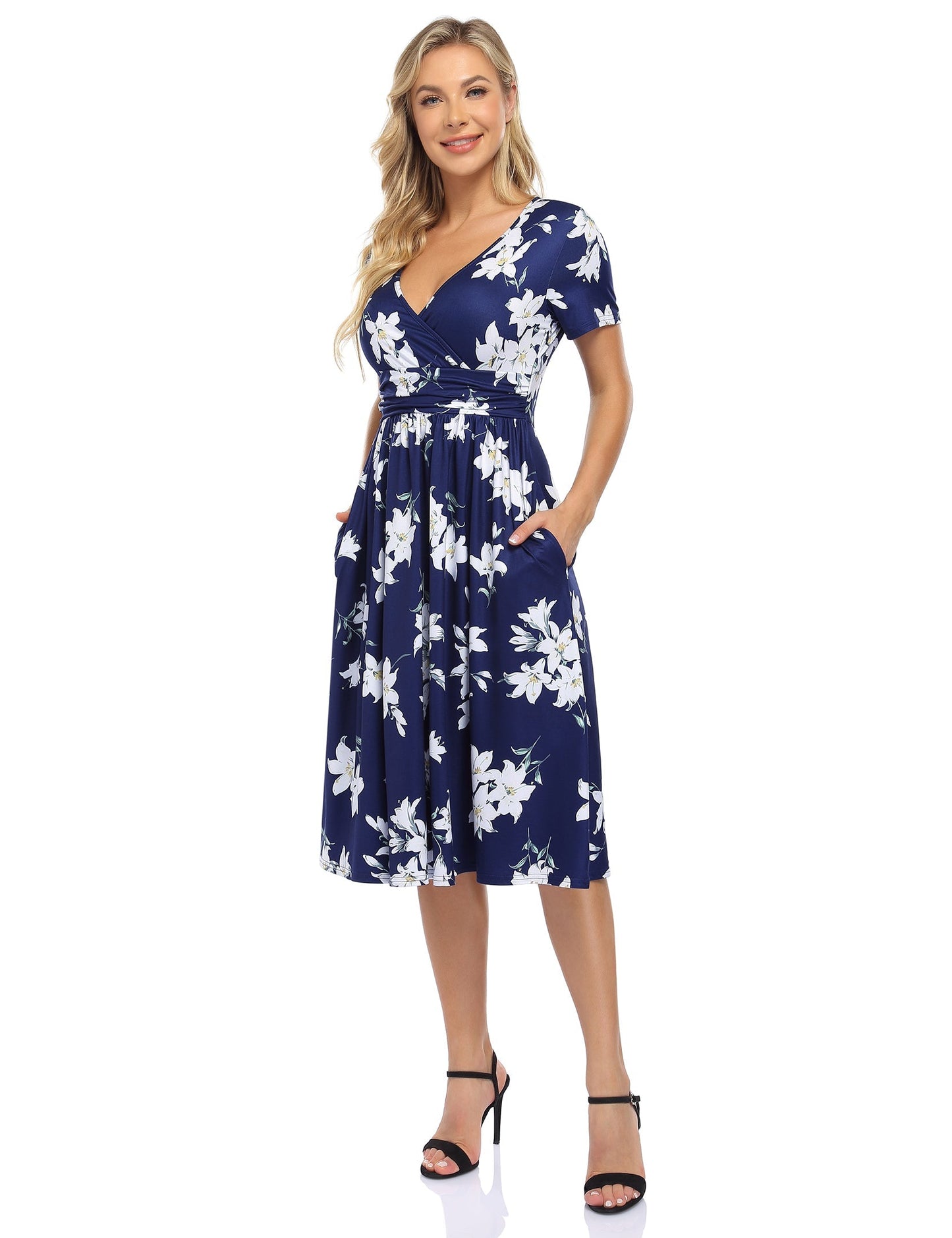 YESFASHION Women's V-neck Casual Dress Navy Blue