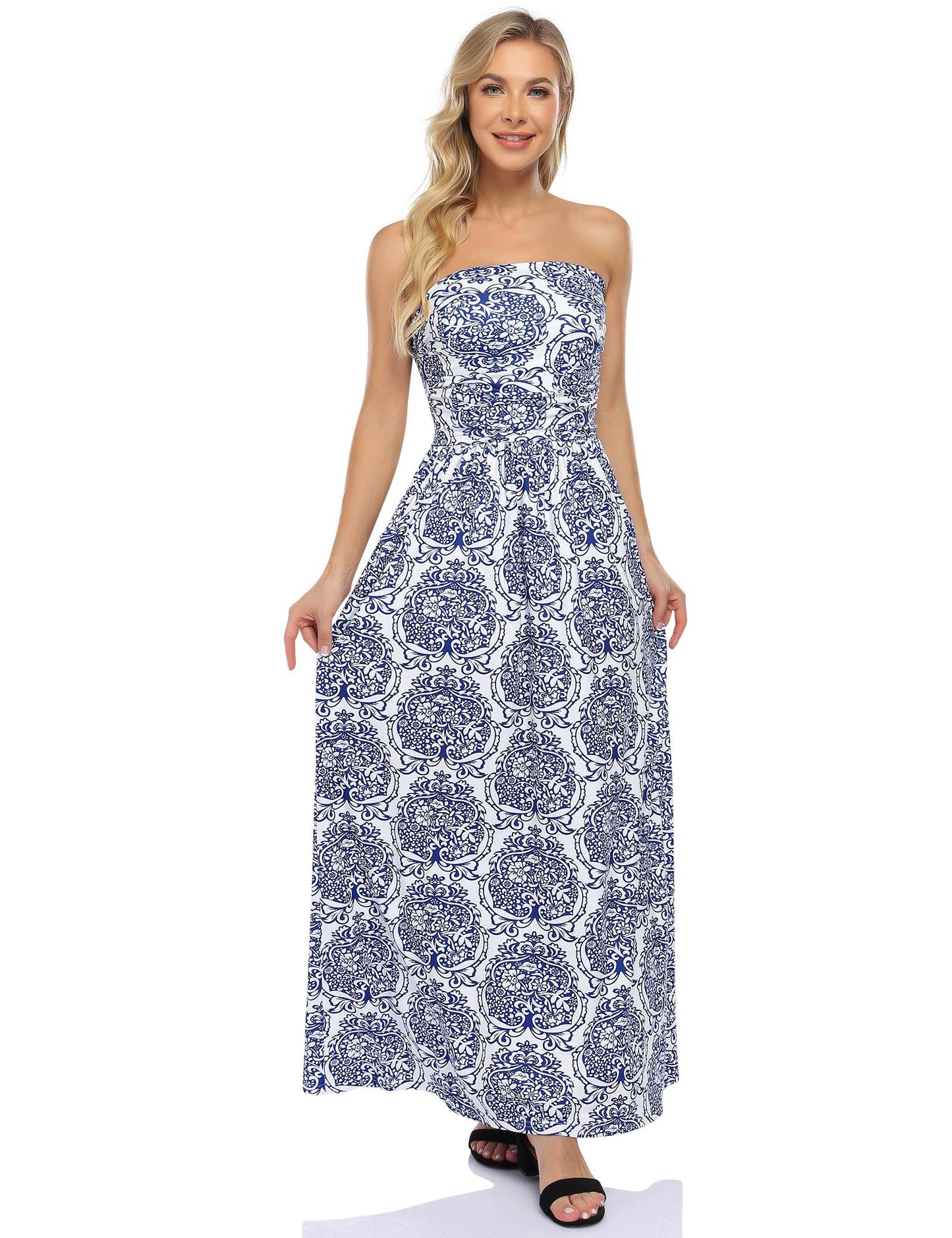 YESFASHION Women's Strapless Graceful Floral Party Maxi Long Dress