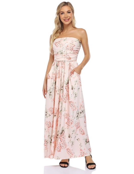 YESFASHION Women's Strapless Graceful Floral Party Maxi Long Dress Apricot