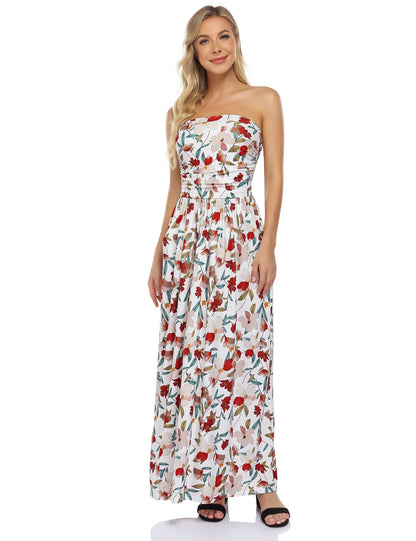 YESFASHION Women's Strapless Graceful Floral Party Maxi Long Dress Flower White