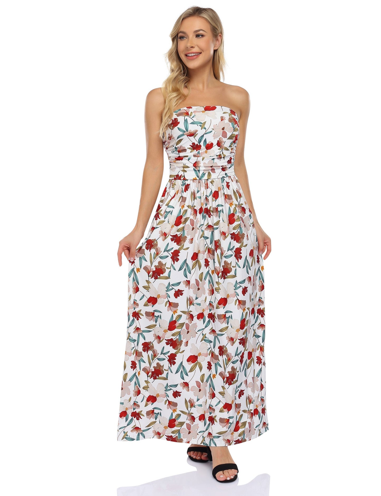 YESFASHION Women's Strapless Graceful Floral Party Maxi Long Dress Flower White