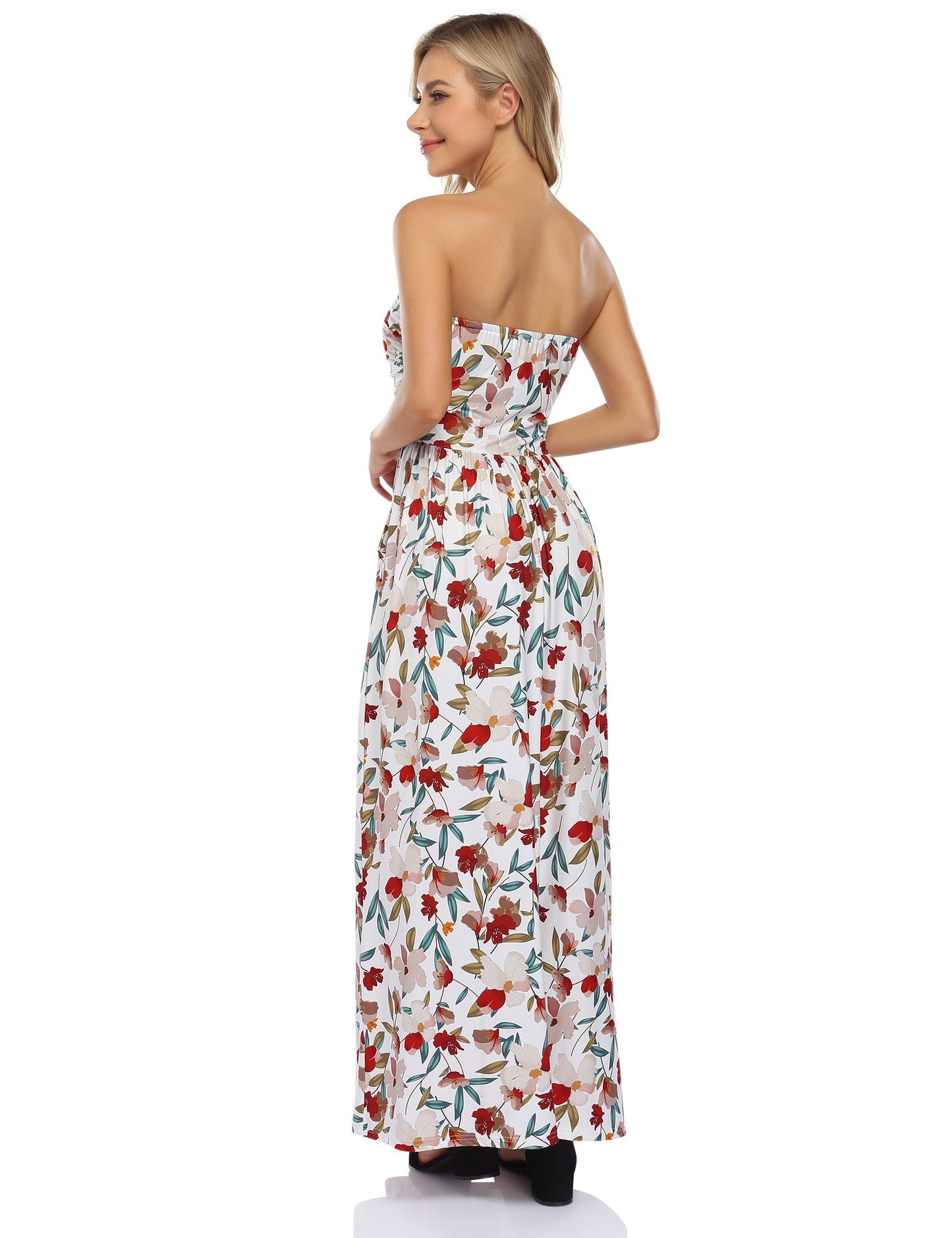 YESFASHION Women's Strapless Graceful Floral Party Maxi Long Dress Flower White