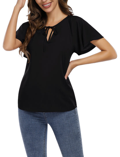 YESFASHION Women's V Neck Top Short Ruffle Drawstring Shirt Black