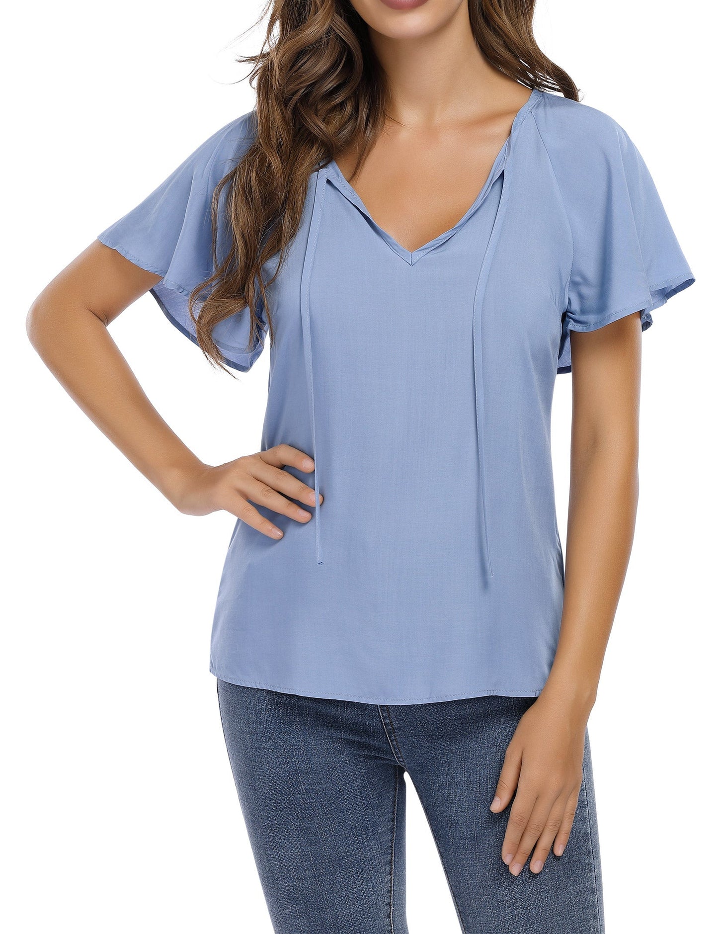 CLEARLOVE Women's V Neck Top Short Ruffle Drawstring Shirt Blue