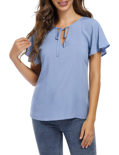 CLEARLOVE Women's V Neck Top Short Ruffle Drawstring Shirt Blue