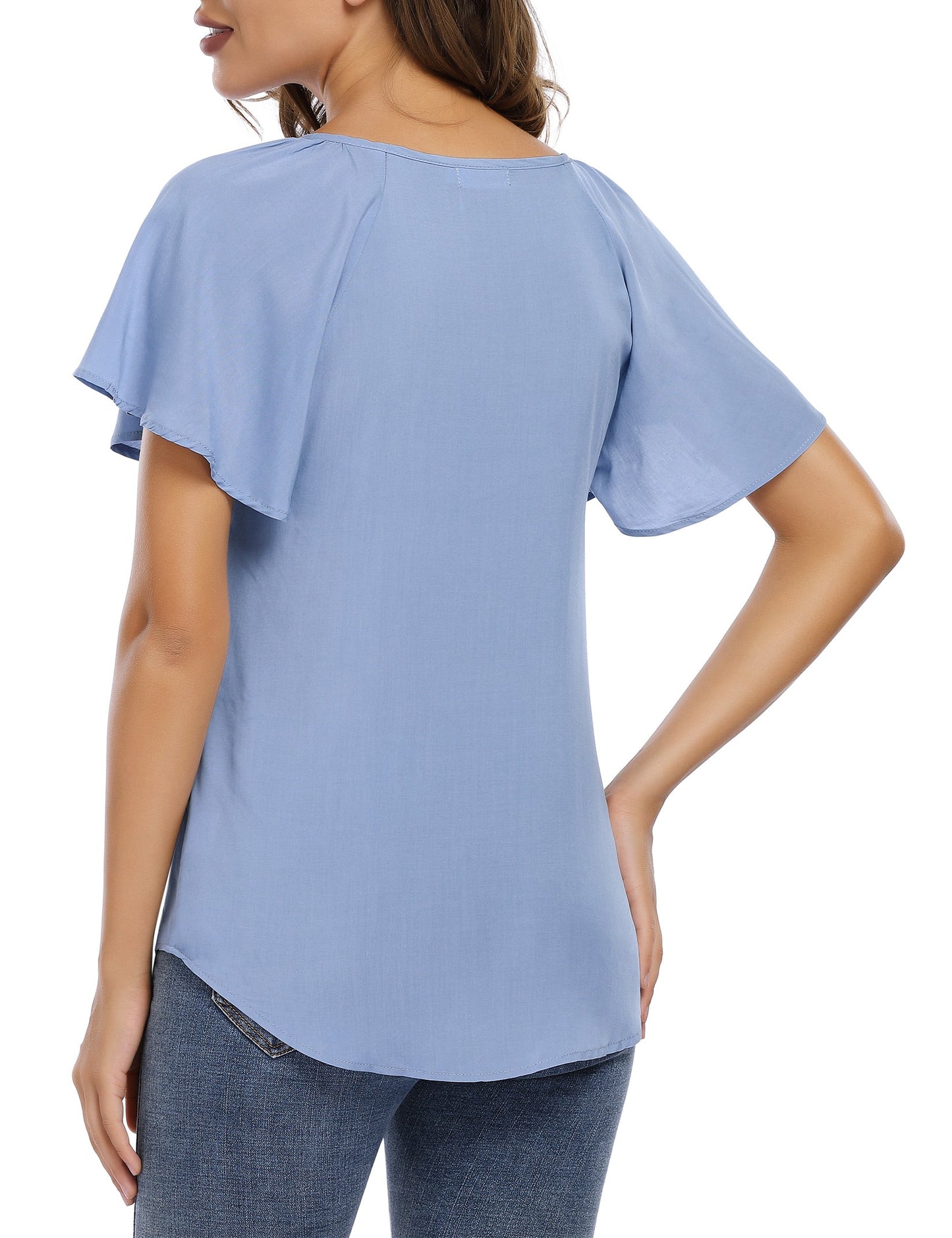 CLEARLOVE Women's V Neck Top Short Ruffle Drawstring Shirt Blue