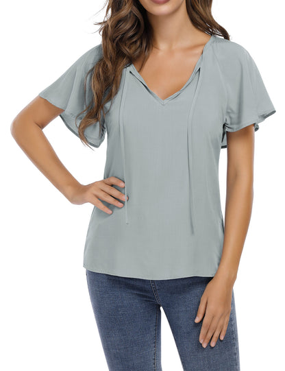 CLEARLOVE Women's V Neck Top Short Ruffle Drawstring Shirt Grey