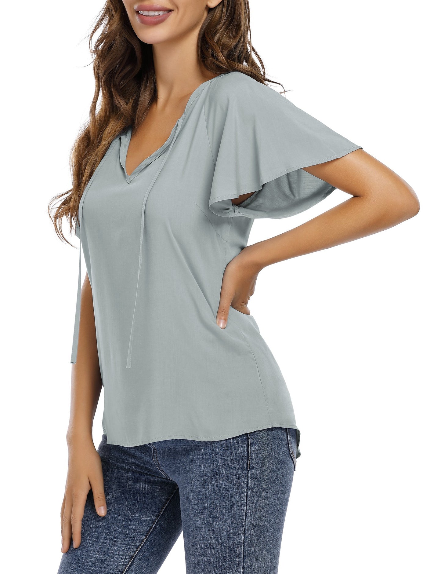 CLEARLOVE Women's V Neck Top Short Ruffle Drawstring Shirt Grey