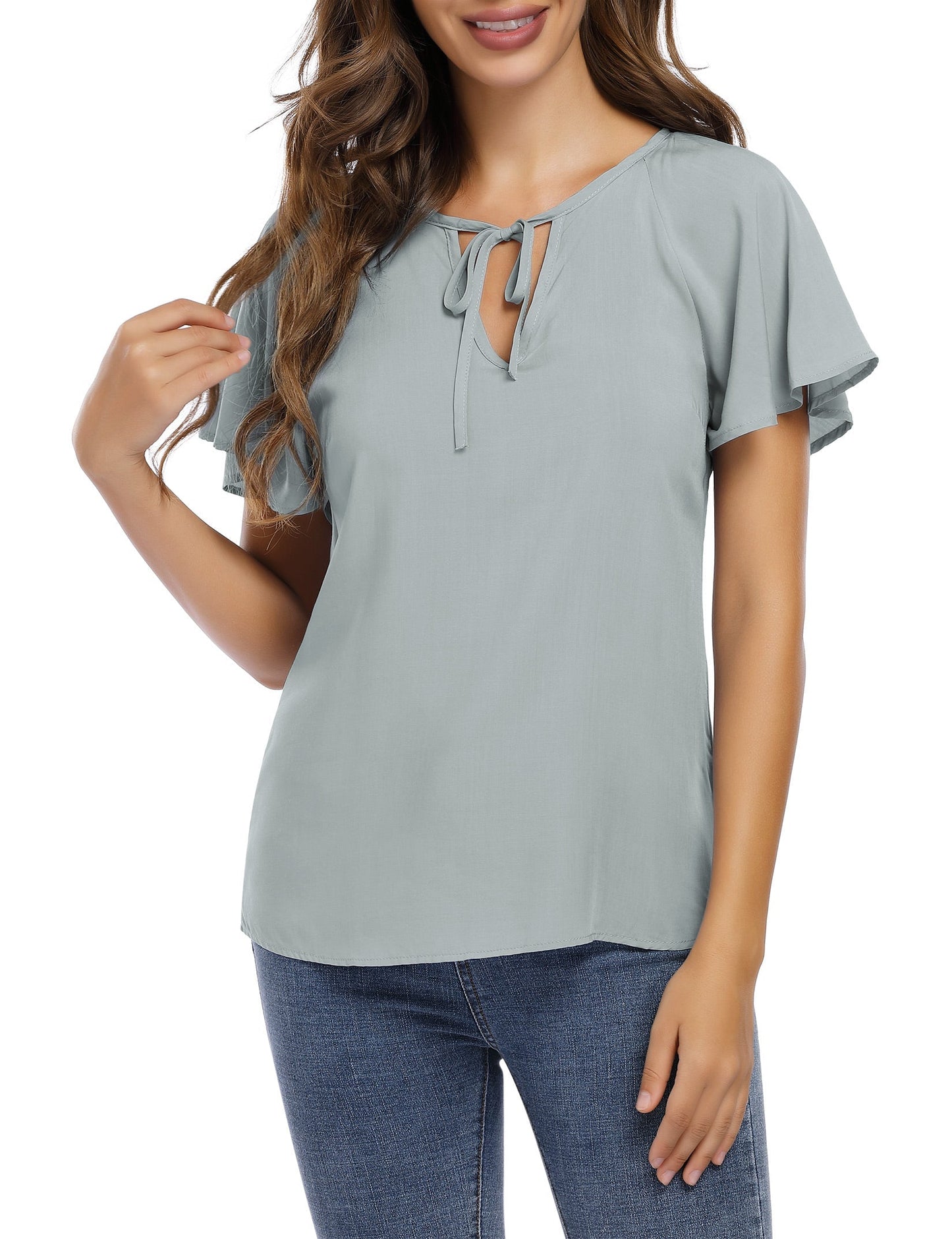 CLEARLOVE Women's V Neck Top Short Ruffle Drawstring Shirt Grey