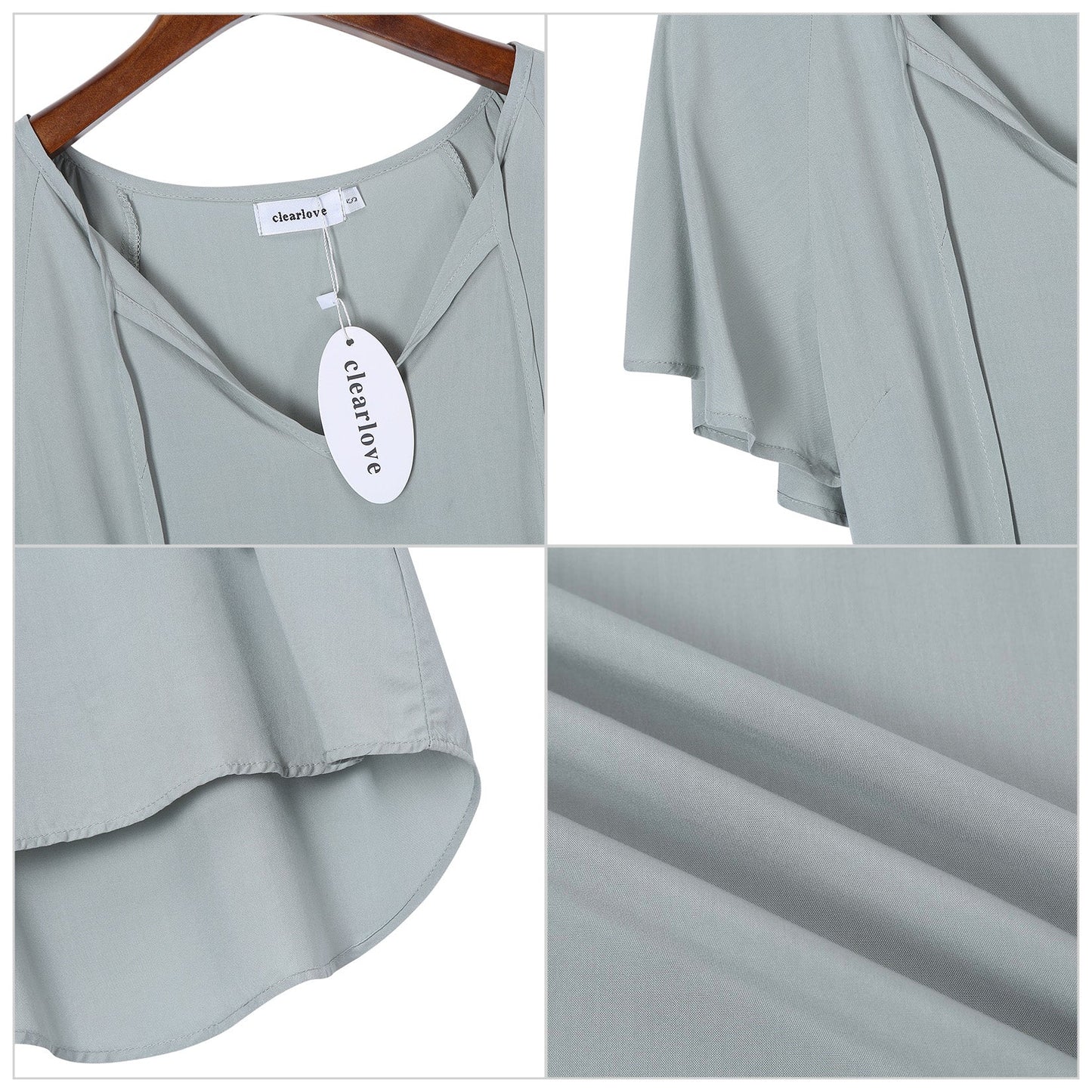 CLEARLOVE Women's V Neck Top Short Ruffle Drawstring Shirt Grey