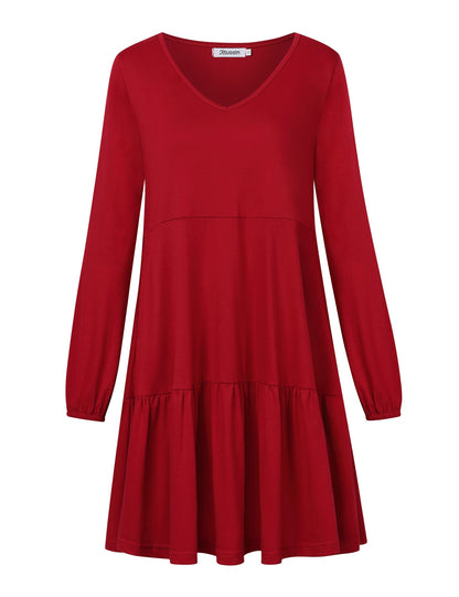 YESFASHION Women's V Neck Layered Dress Long Sleeve Dress Wine Red