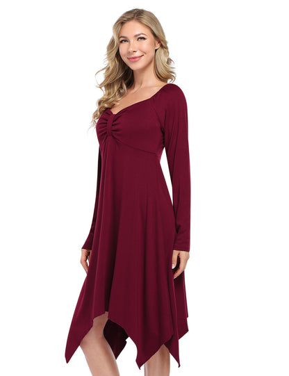 YESFASHION Women's Swing Dress V Neck Ruffle Beach Dress Wine Red