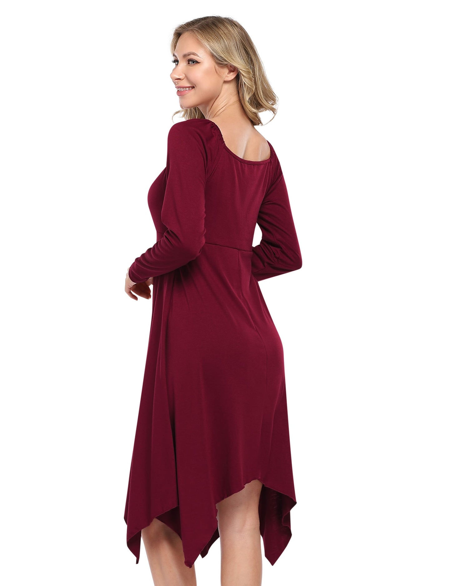 YESFASHION Women's Swing Dress V Neck Ruffle Beach Dress Wine Red