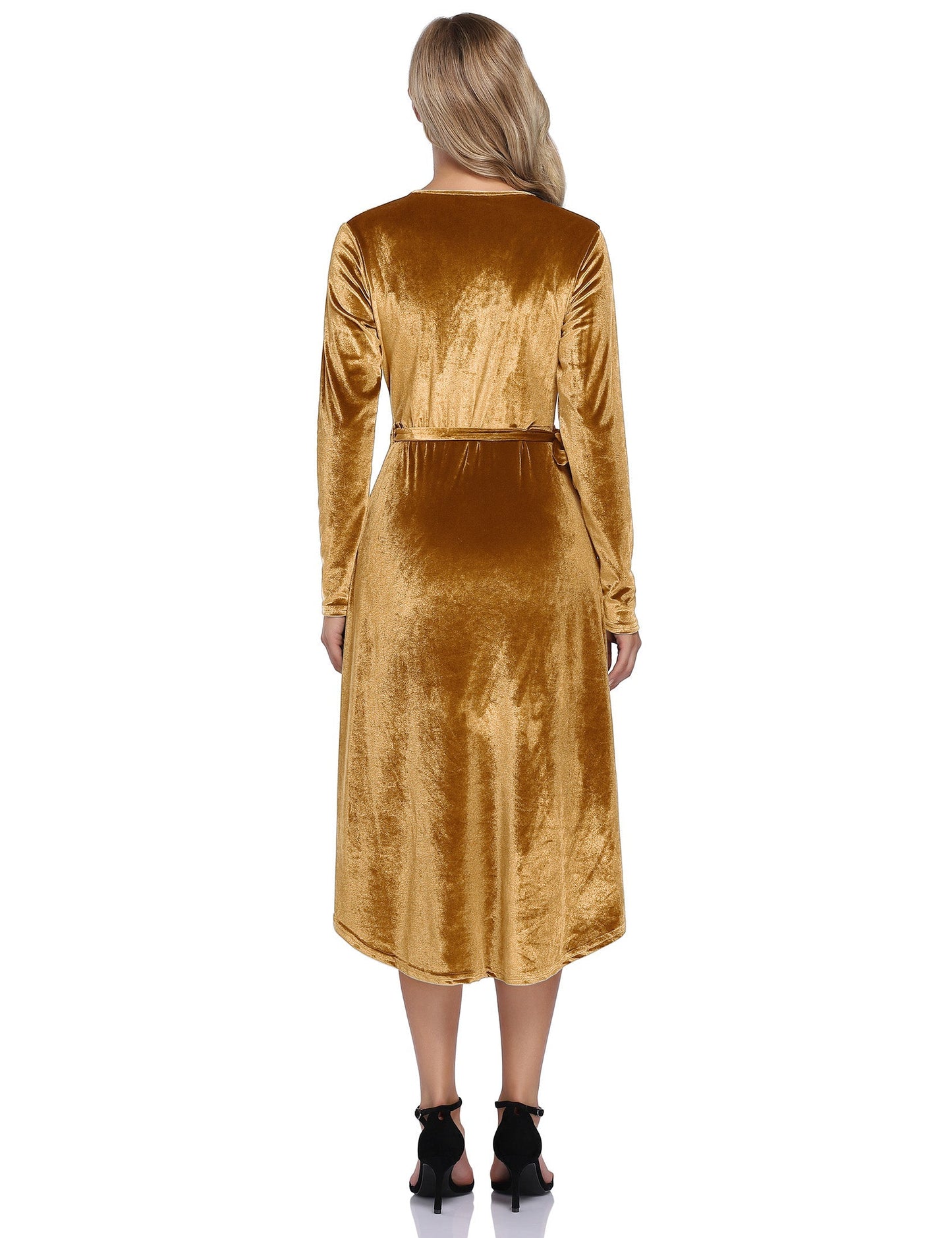 YESFASHION Women Velvet V-Neck Long Sleeve Empire Party Dress Gold