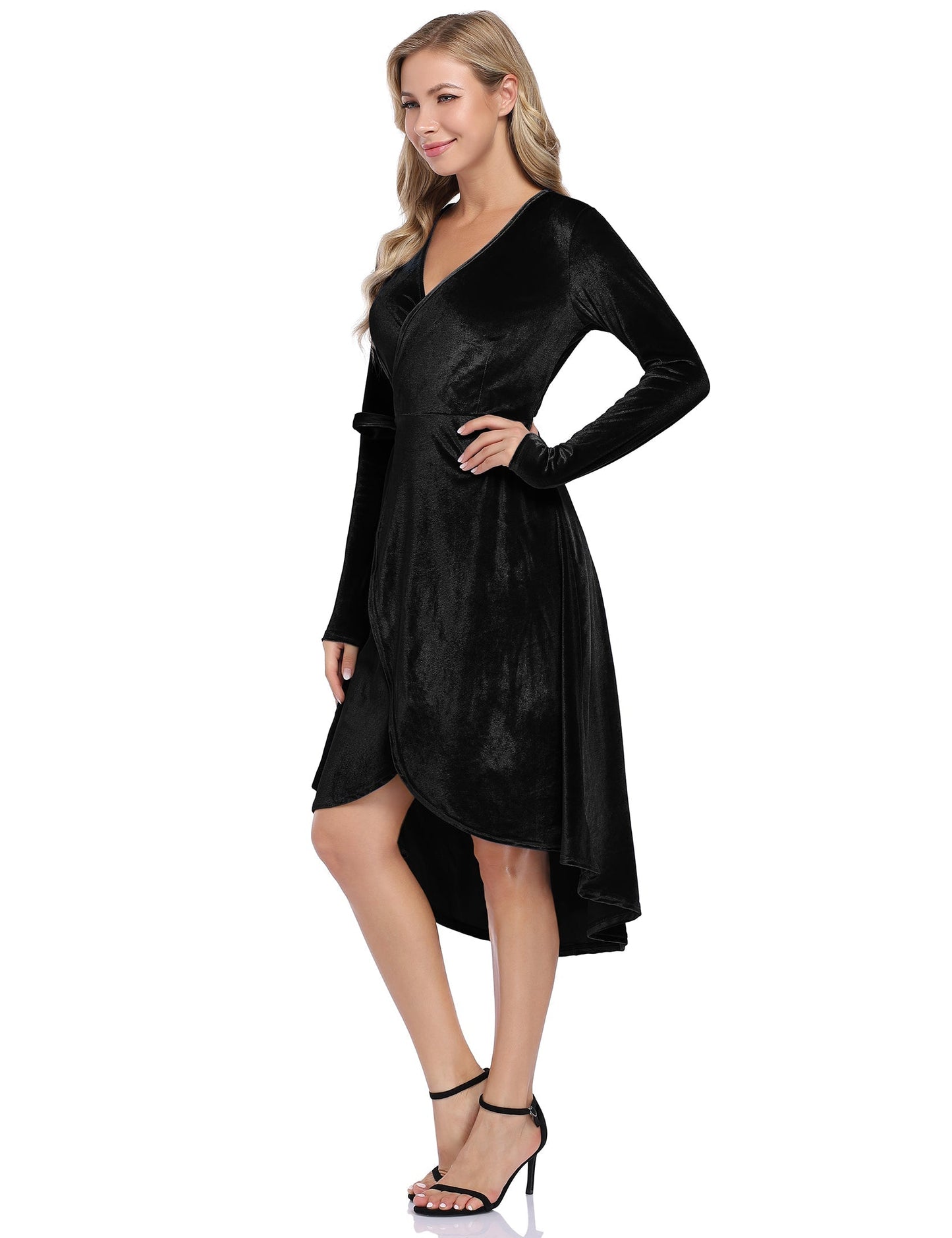 YESFASHION Women Velvet V-Neck Long Sleeve Empire Party Dress Black