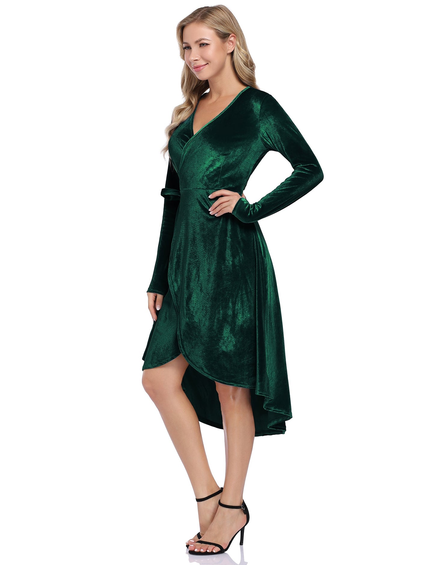 YESFASHION Women Velvet V-Neck Long Sleeve Empire Party Dress