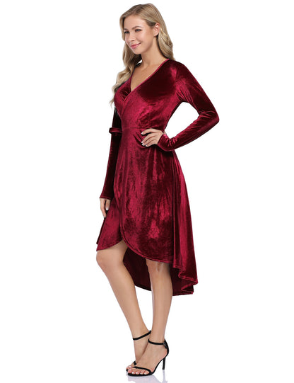 YESFASHION Women Velvet V-Neck Long Sleeve Empire Party Dress Red