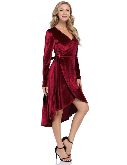 YESFASHION Women Velvet V-Neck Long Sleeve Empire Party Dress Red