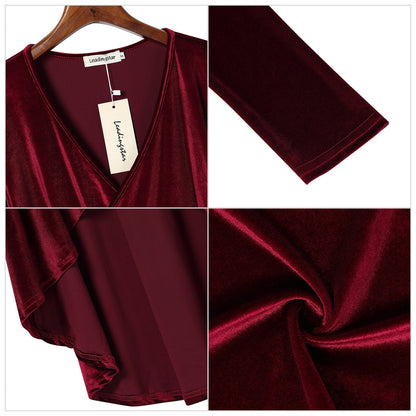 YESFASHION Women Velvet V-Neck Long Sleeve Empire Party Dress Red