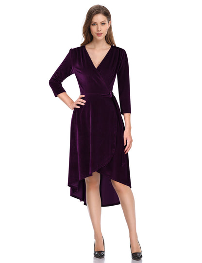 YESFASHION Women's Velvet V-Neck Long Sleeve Casual Party Dress Purple