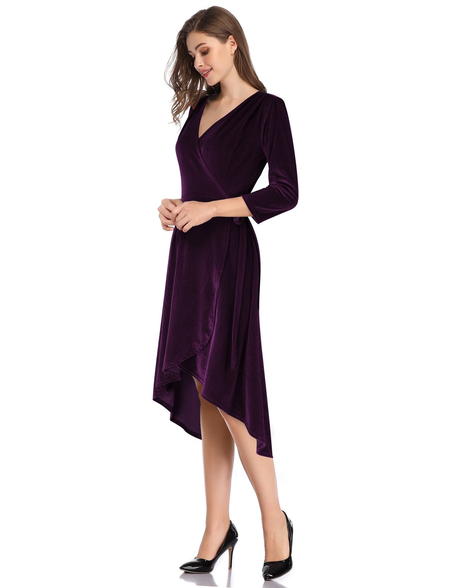 YESFASHION Women's Velvet V-Neck Long Sleeve Casual Party Dress Purple