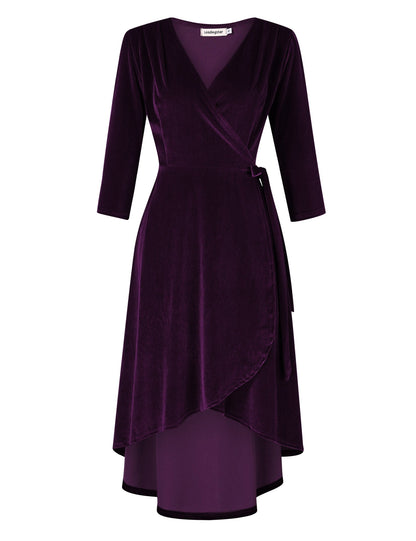 YESFASHION Women's Velvet V-Neck Long Sleeve Casual Party Dress Purple