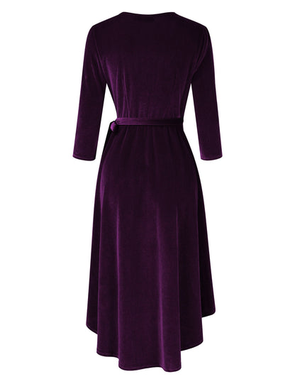 YESFASHION Women's Velvet V-Neck Long Sleeve Casual Party Dress Purple