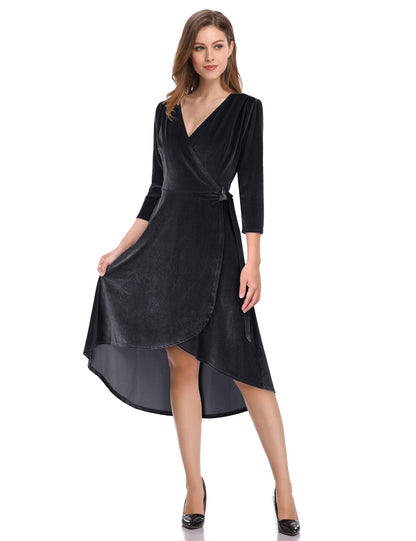 YESFASHION Women's Velvet V-Neck Long Sleeve Casual Party Dress