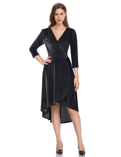 YESFASHION Women's Velvet V-Neck Long Sleeve Casual Party Dress