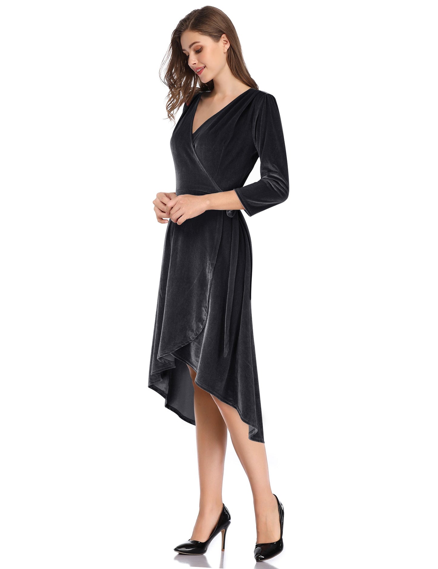 YESFASHION Women's Velvet V-Neck Long Sleeve Casual Party Dress