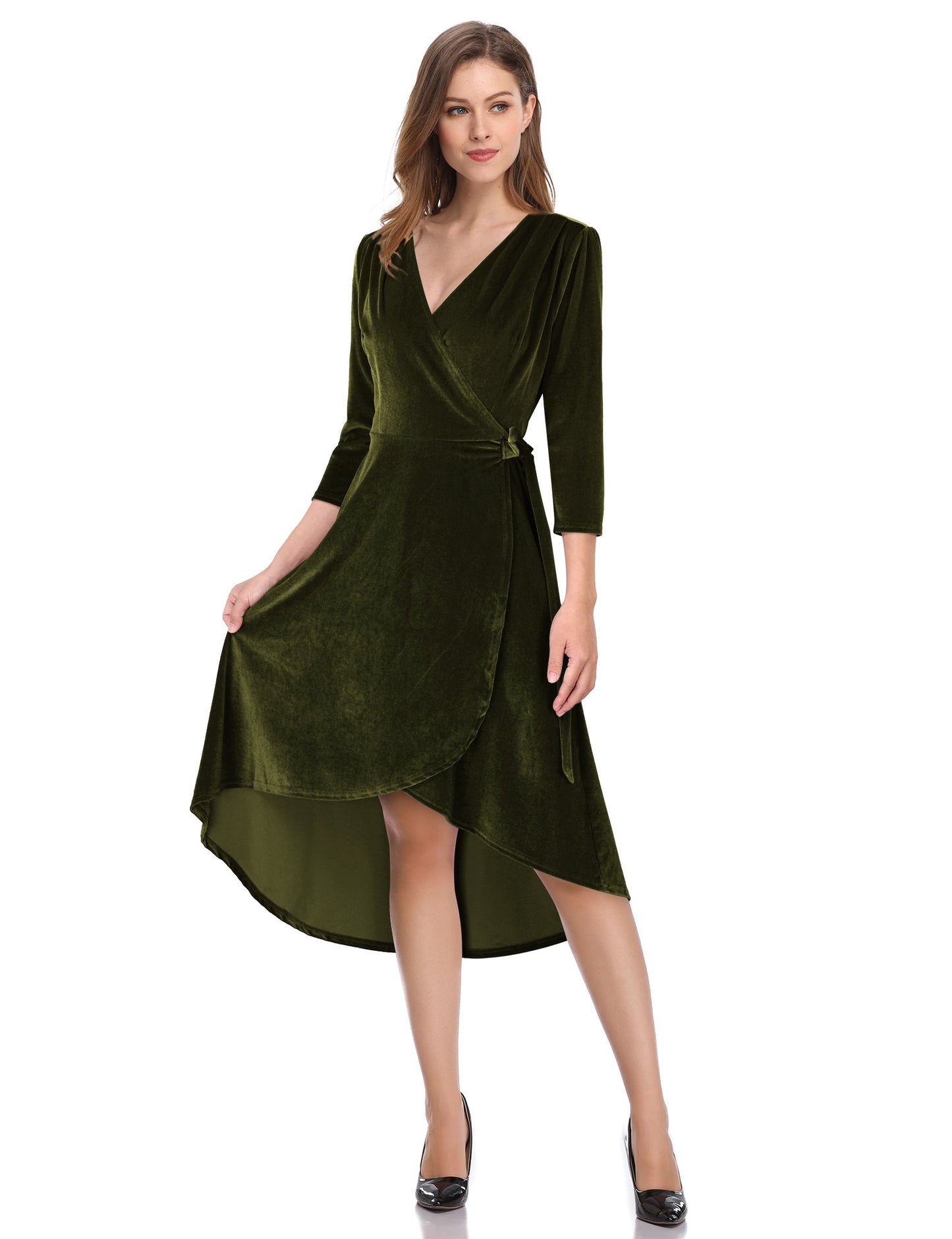 YESFASHION Women's Velvet V-Neck Long Sleeve Casual Party Dress ArmyGreen