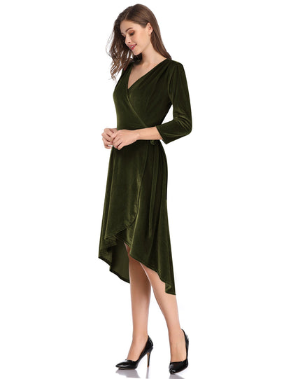 YESFASHION Women's Velvet V-Neck Long Sleeve Casual Party Dress ArmyGreen