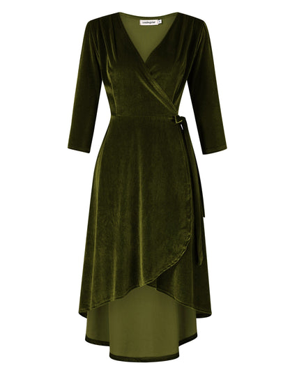 YESFASHION Women's Velvet V-Neck Long Sleeve Casual Party Dress ArmyGreen