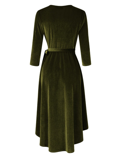 YESFASHION Women's Velvet V-Neck Long Sleeve Casual Party Dress ArmyGreen