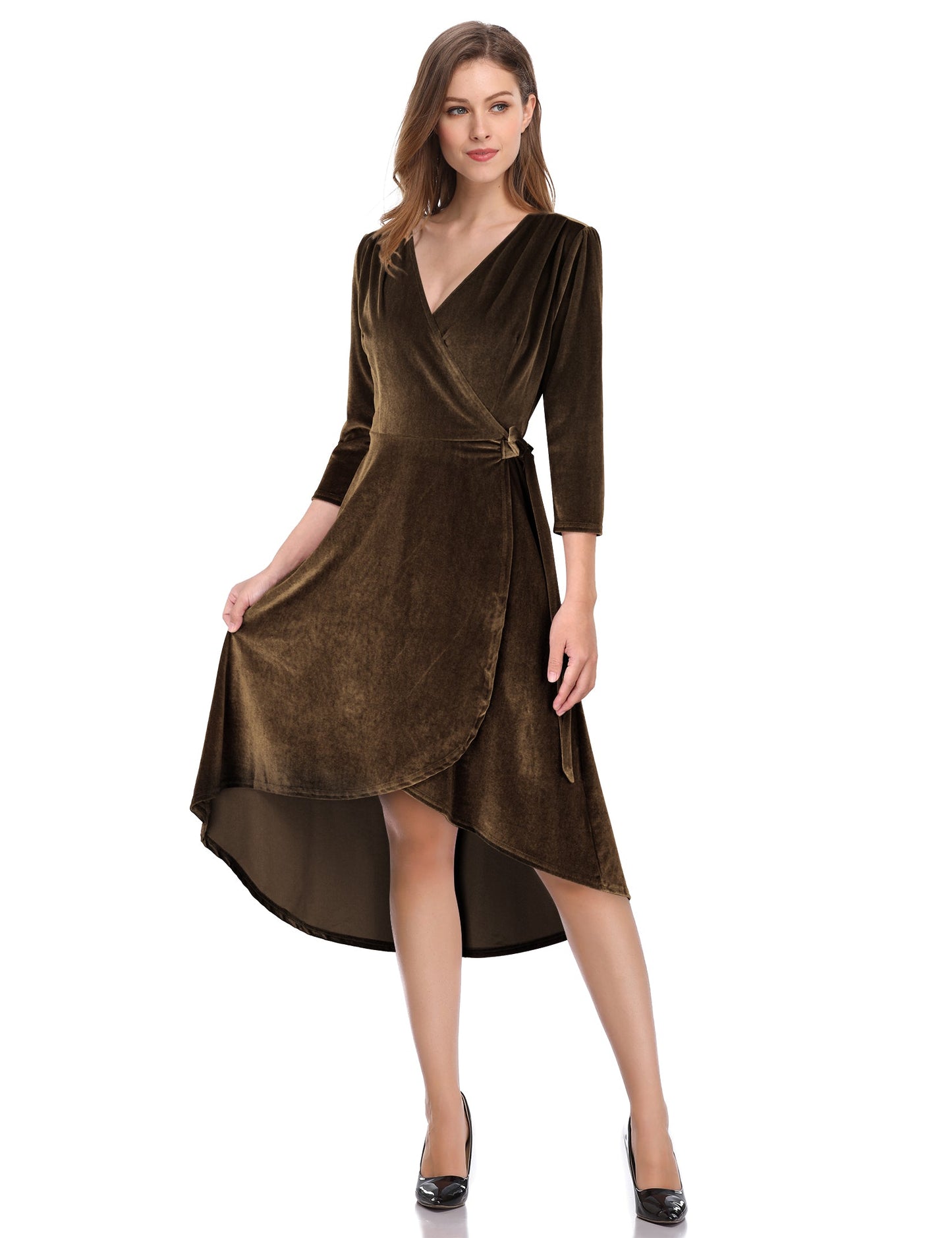 YESFASHION Women's Velvet V-Neck Long Sleeve Casual Party Dress ArmyGreen