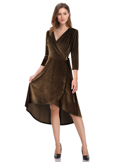 YESFASHION Women's Velvet V-Neck Long Sleeve Casual Party Dress