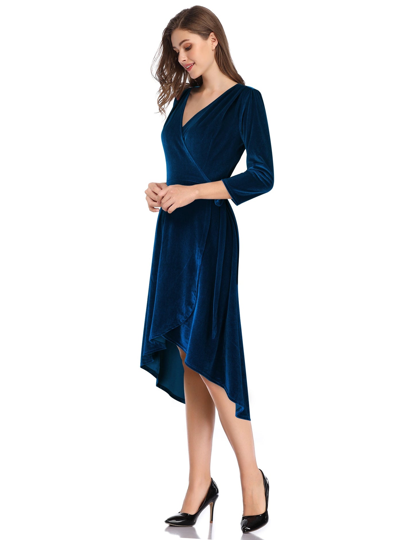 YESFASHION Women's Velvet V-Neck Long Sleeve Casual Party Dress Dark blue