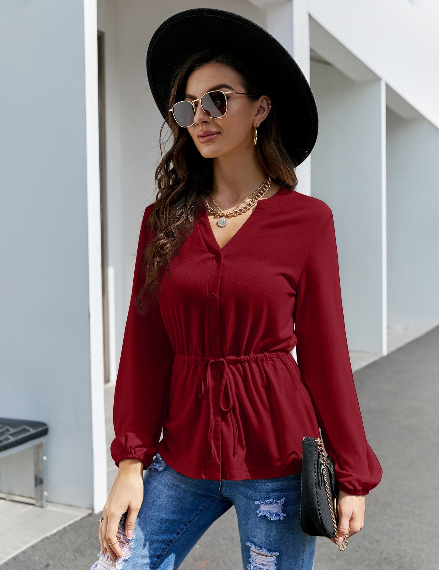 YESFASHION Women's Red Top Button Ruffle Long Sleeve Shirt Red