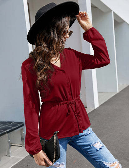 YESFASHION Women's Red Top Button Ruffle Long Sleeve Shirt Red