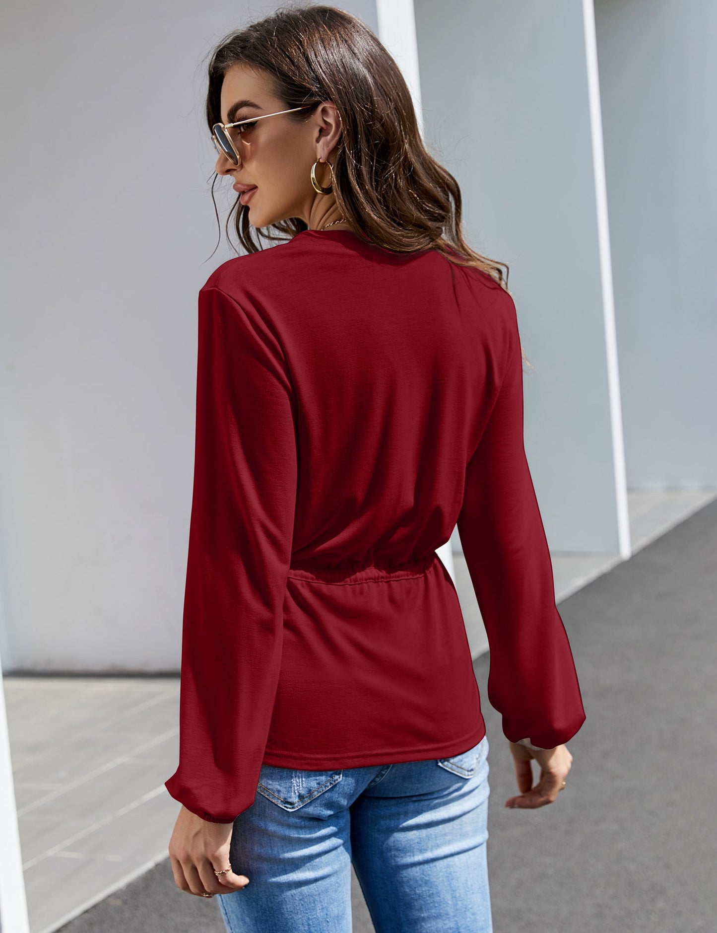 YESFASHION Women's Red Top Button Ruffle Long Sleeve Shirt Red