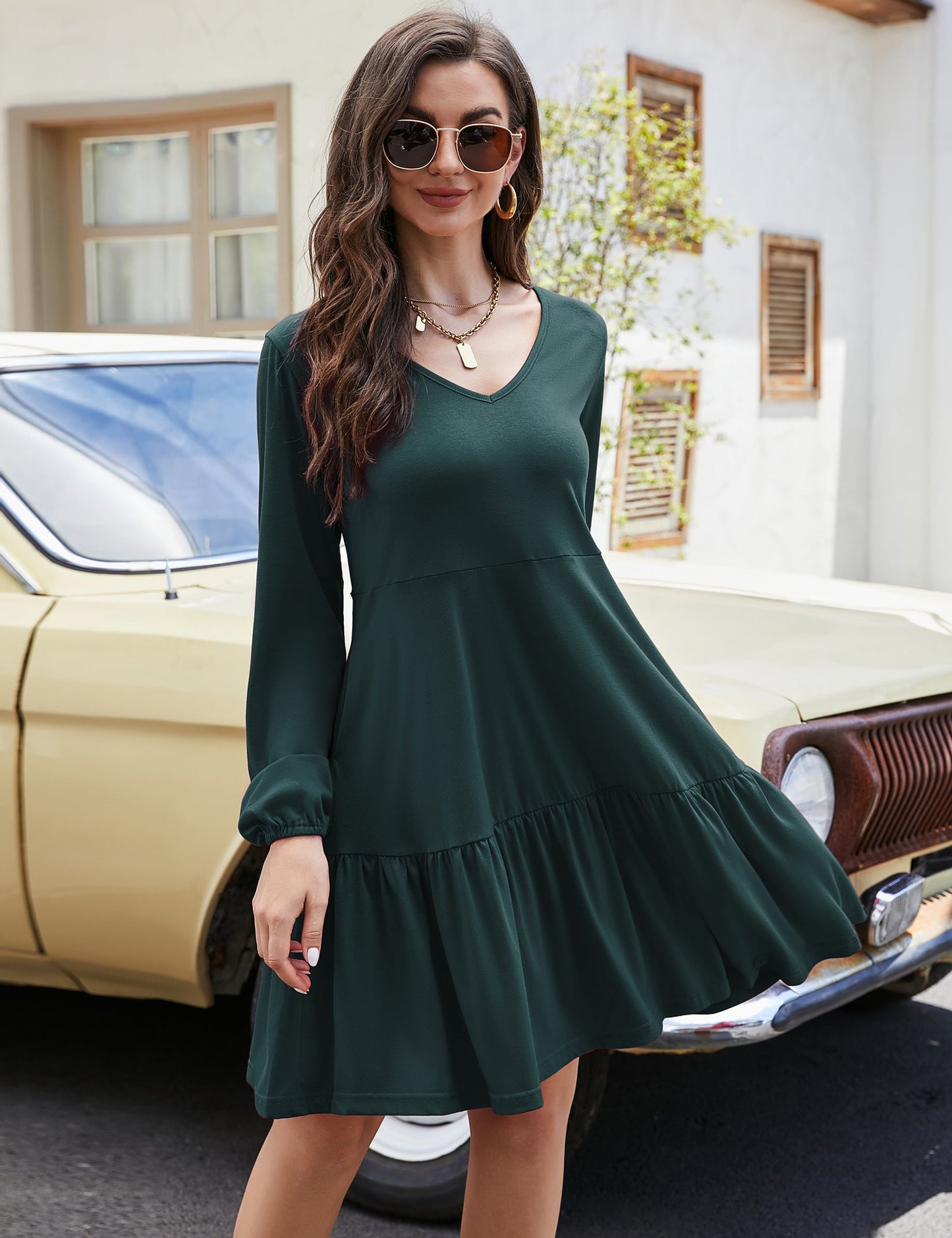 YESFASHION Women's V Neck Layered Dress Long Sleeve Dress