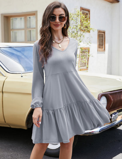 YESFASHION Women's V Neck Layered Dress Long Sleeve Dress Grey