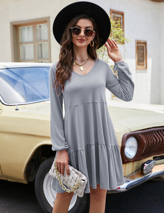 YESFASHION Women's V Neck Layered Dress Long Sleeve Dress Grey