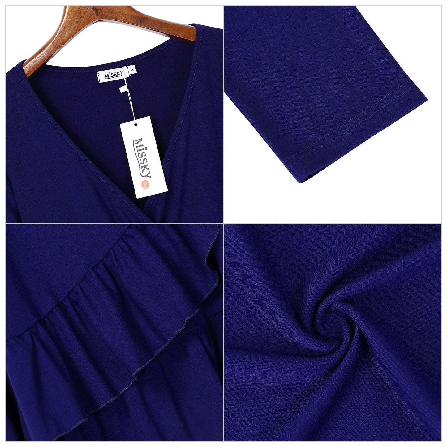 YESFASHION Women's Wrap Dress 3/4 Sleeve Ruffle Midi Dress Blue