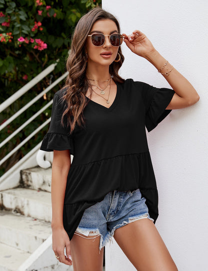 CLEARLOVE Peplum Tops for Women Summer Casual V Neck T Shirts Black