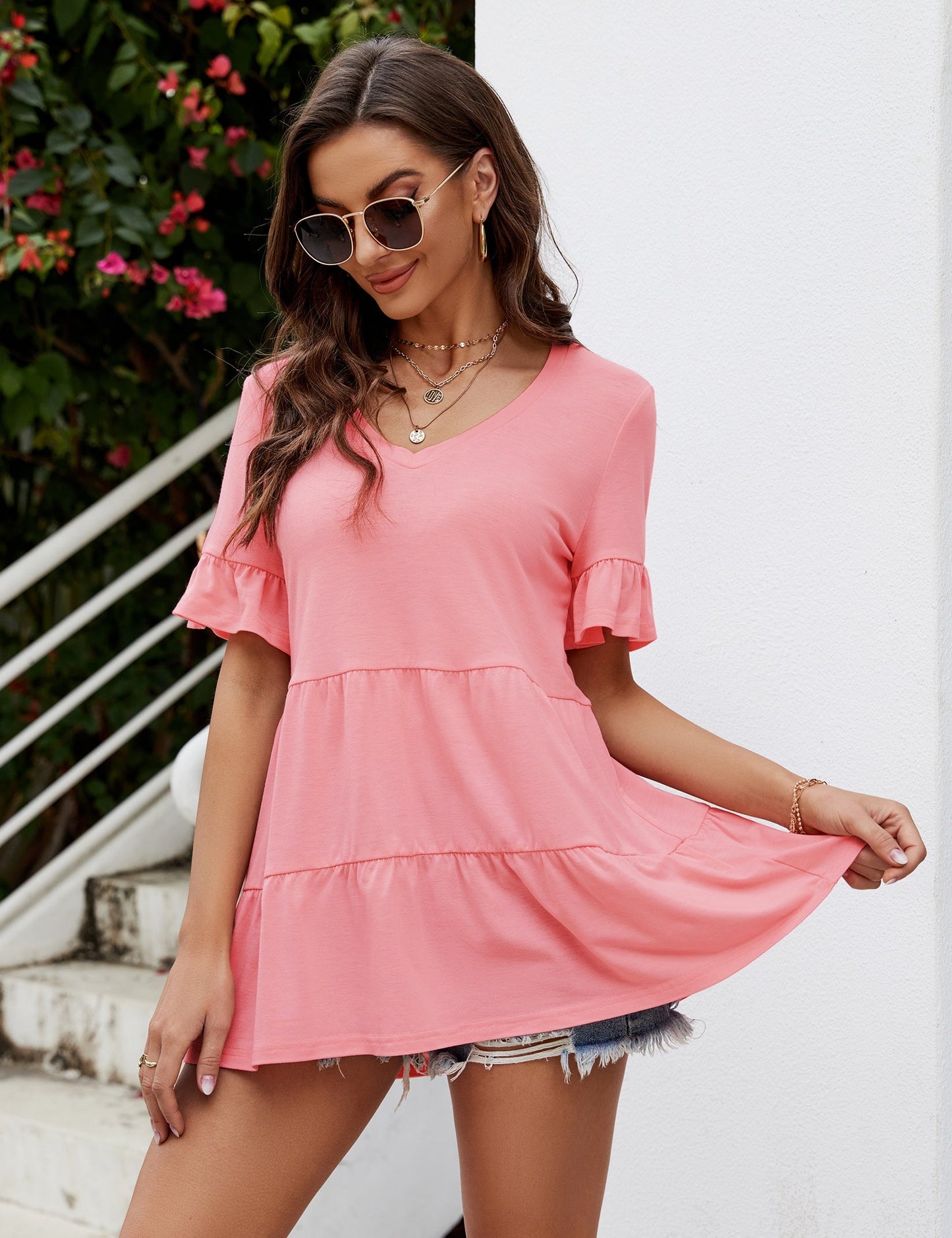CLEARLOVE Peplum Tops for Women Summer Casual V Neck T Shirts Pink