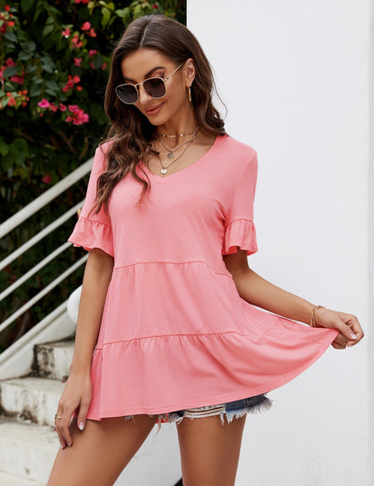 CLEARLOVE Peplum Tops for Women Summer Casual V Neck T Shirts Pink
