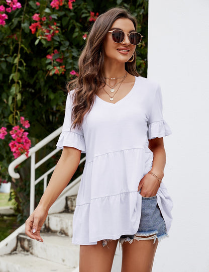 CLEARLOVE Peplum Tops for Women Summer Casual V Neck T Shirts White