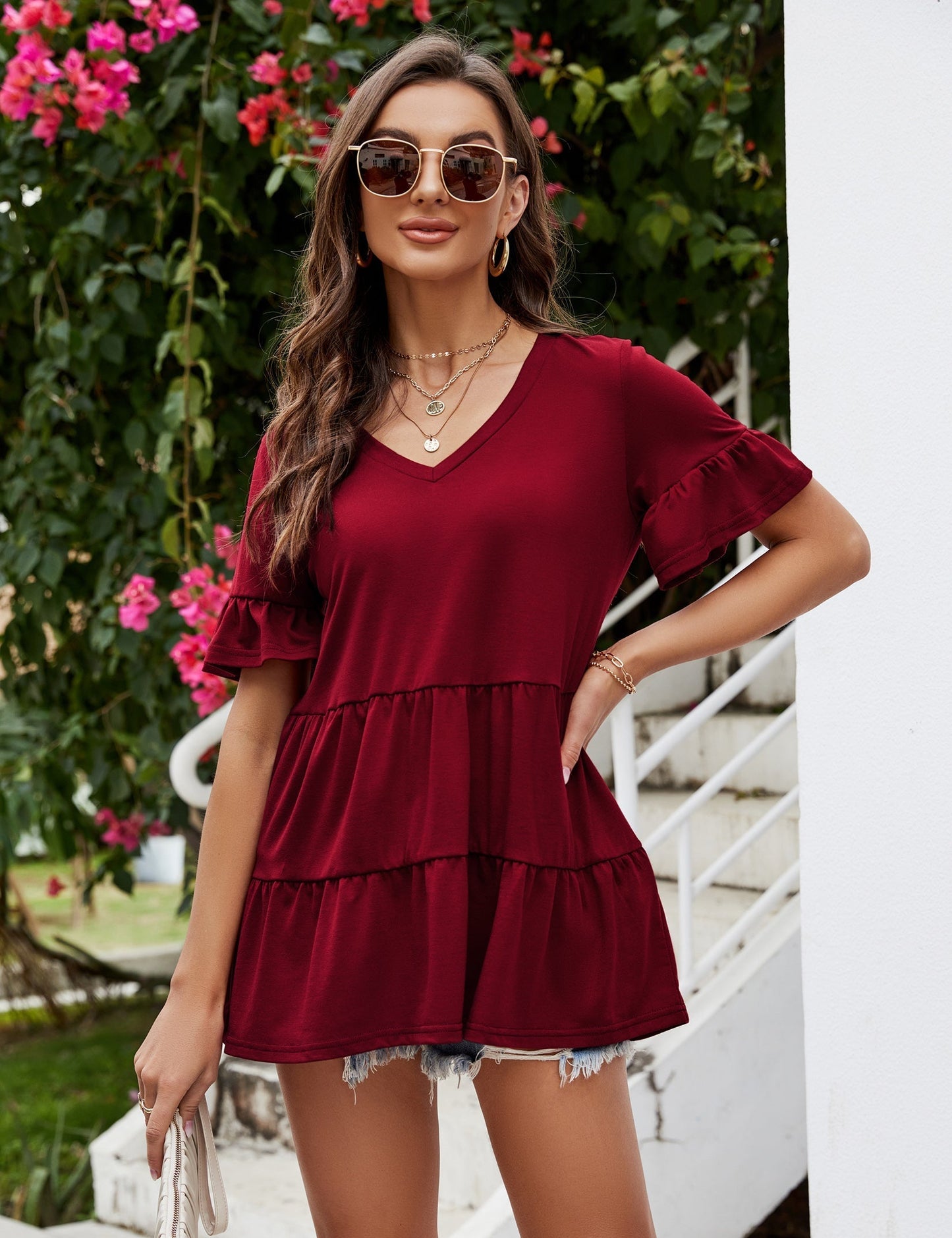 CLEARLOVE Peplum Tops for Women Summer Casual V Neck T Shirts Wine Red